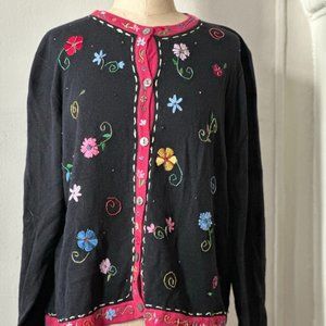 Michael Simon Lite Vintage Floral Embroidered+Beaded Black+Pink Silk Cardigan XL